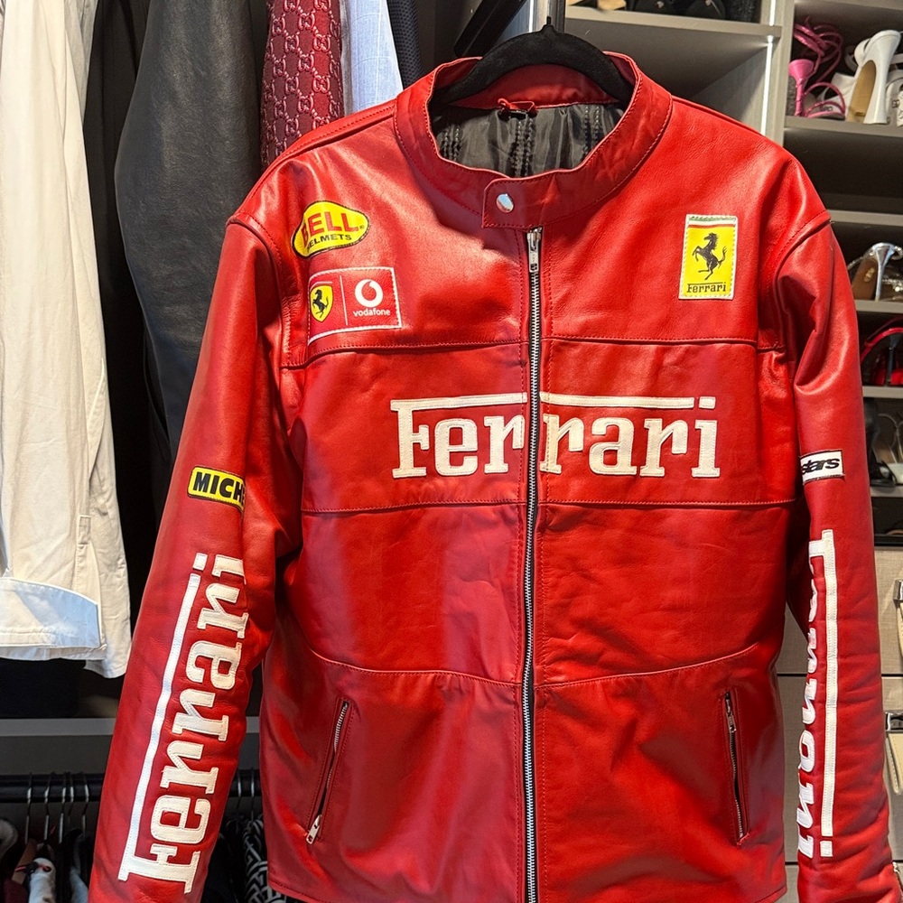 Made from leather Ferrari inspired Red Racing Bomber Jacket